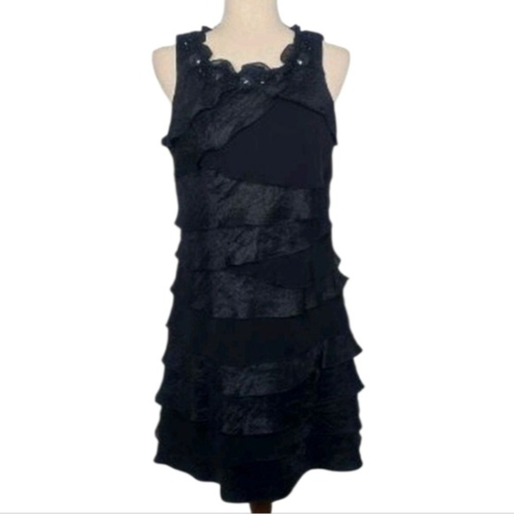 S.L. Fashions Black Beaded Neckline Tiered Layered Ruffle Sleeveless Dress 12‎